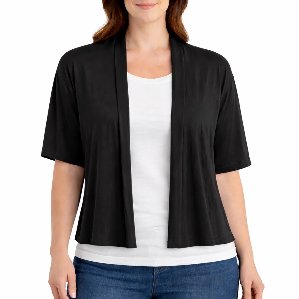 Ing Black Open Front Short Sleeve Cardigan - Lightweight Layering